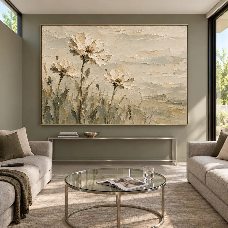 Cream Hand-Painted Floral Painting, Three Blooms and Olive Stems #L26VNB6R