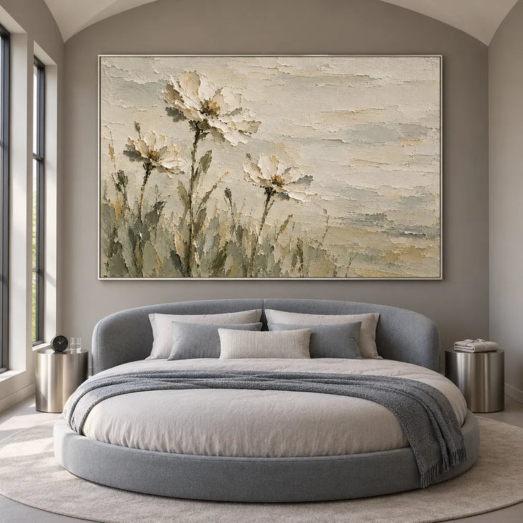 Cream Hand-Painted Floral Painting, Three Blooms and Olive Stems #L26VNB6R