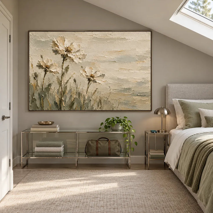 Cream Hand-Painted Floral Painting, Three Blooms and Olive Stems #L26VNB6R