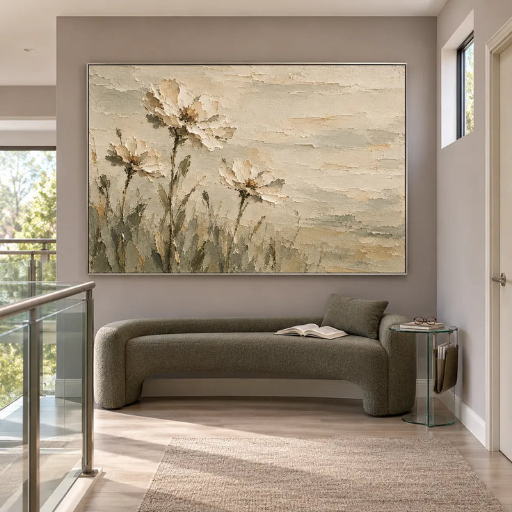 Cream Hand-Painted Floral Painting, Three Blooms and Olive Stems #L26VNB6R