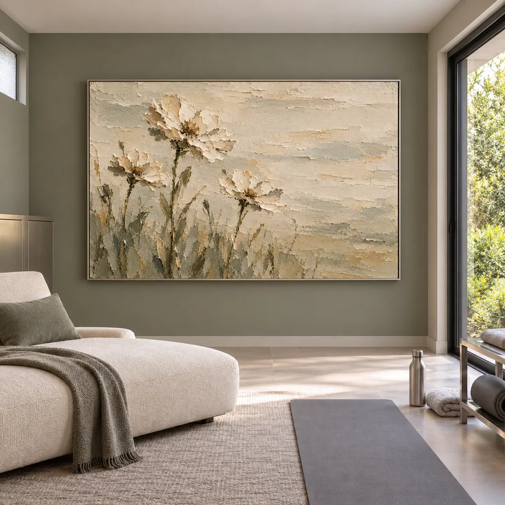 Cream Hand-Painted Floral Painting, Three Blooms and Olive Stems #L26VNB6R