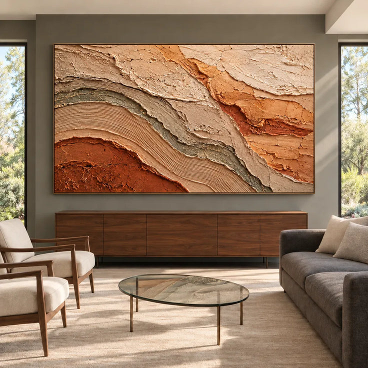Earth Tone Hand-Painted 3D Textured Oil Painting, Layered Strata Abstract #XANNR144
