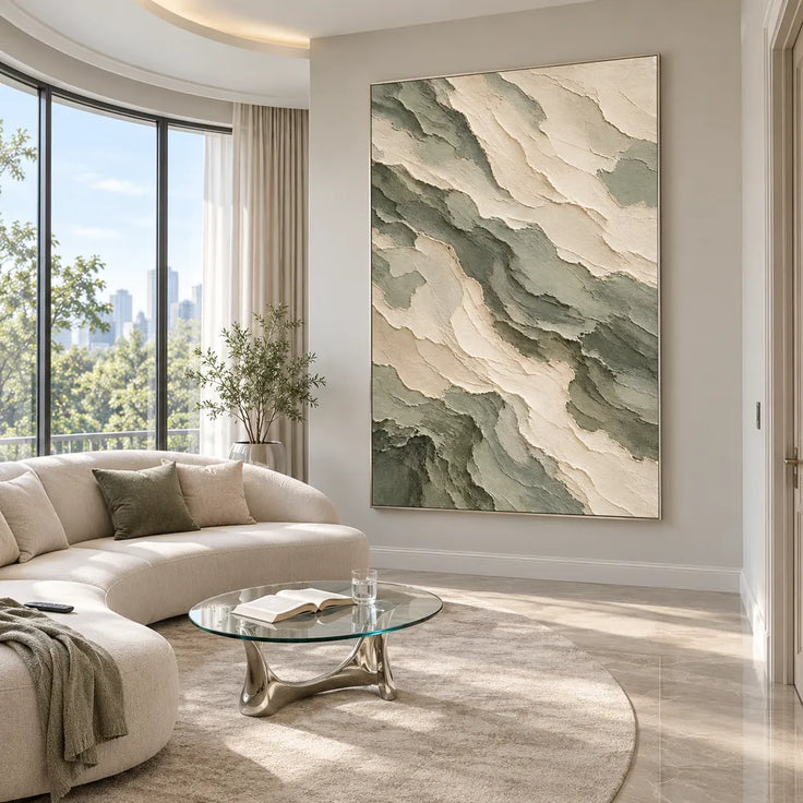 Cream Sage Hand-Painted Abstract Painting, Broad Diagonal Bands #IMXN40Q4