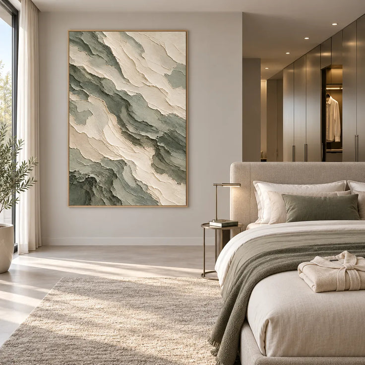 Cream Sage Hand-Painted Abstract Painting, Broad Diagonal Bands #IMXN40Q4