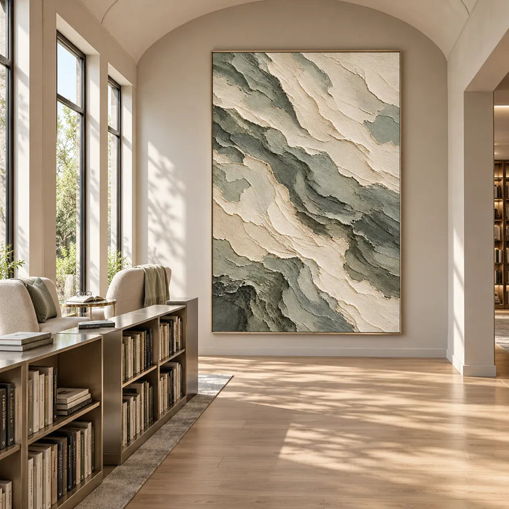 Cream Sage Hand-Painted Abstract Painting, Broad Diagonal Bands #IMXN40Q4