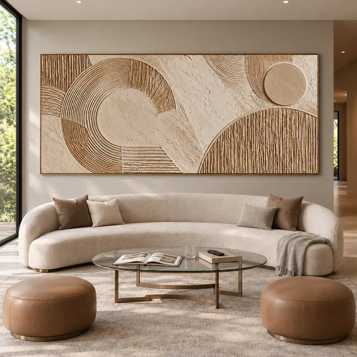 Beige Hand-Painted 3D Textured Painting, Wide Circular Geometry #GHKNDY14