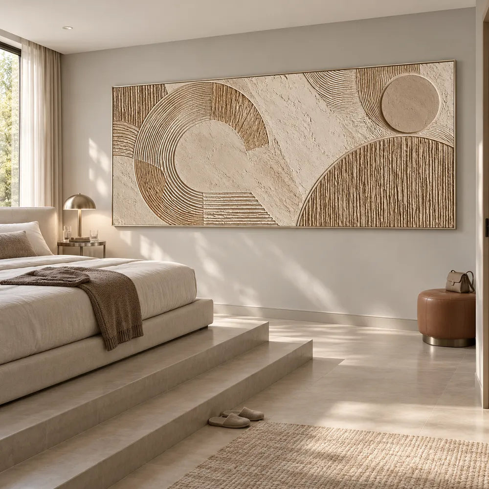 Beige Hand-Painted 3D Textured Painting, Wide Circular Geometry #GHKNDY14
