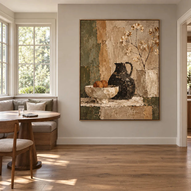 Beige Brown Hand-Painted Oil Painting, Black Pitcher and White Blossoms Still Life #254ZUUGS