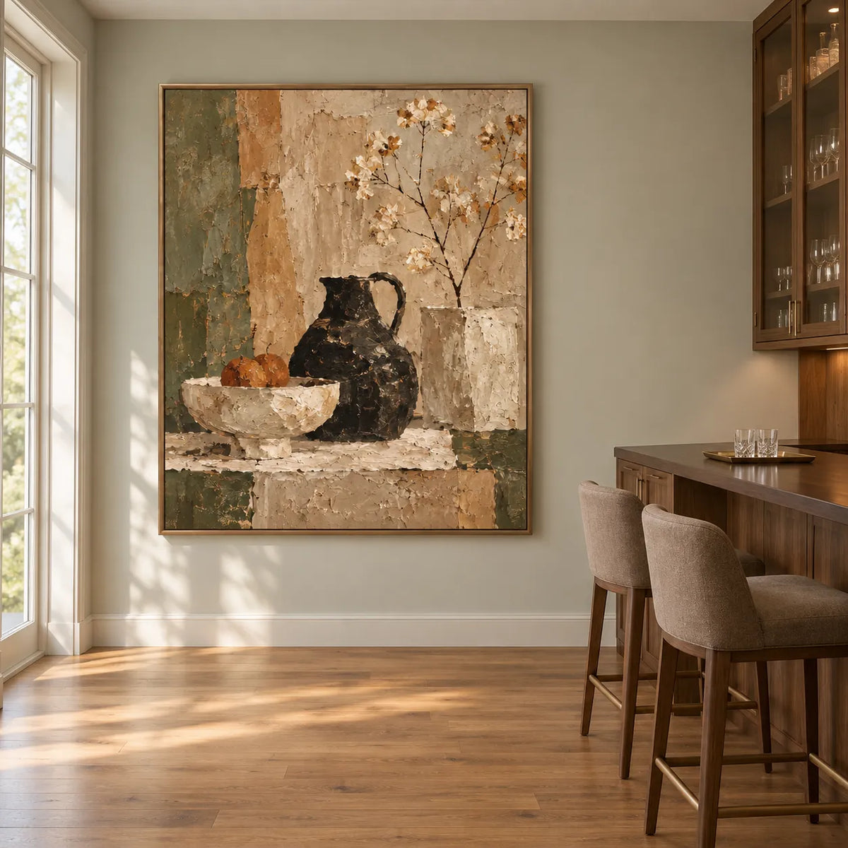 Beige Brown Hand-Painted Oil Painting, Black Pitcher and White Blossoms Still Life #254ZUUGS