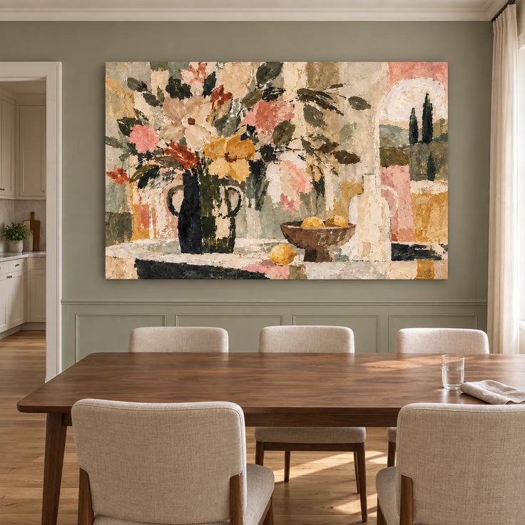 Earth Tone Hand-Painted Oil Painting, Flowers and Fruit Still Life Wall Art #AHYX67LQ