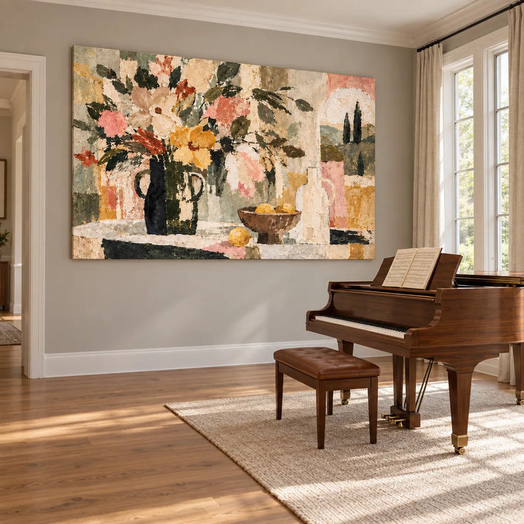 Earth Tone Hand-Painted Oil Painting, Flowers and Fruit Still Life Wall Art #AHYX67LQ