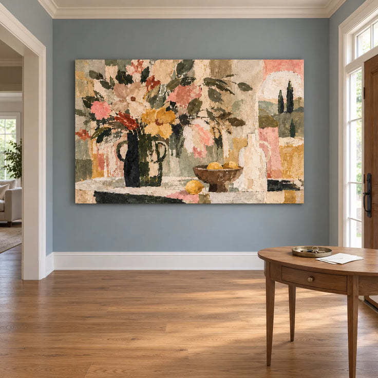Earth Tone Hand-Painted Oil Painting, Flowers and Fruit Still Life Wall Art #AHYX67LQ
