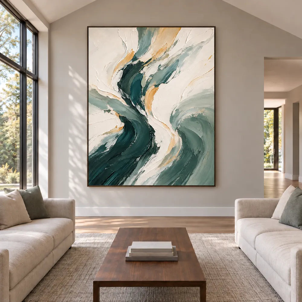 Cream & Green Hand-Painted Oil Painting, Flowing Abstract Wall Art #VZCLUGPT