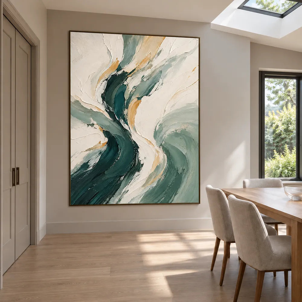 Cream & Green Hand-Painted Oil Painting, Flowing Abstract Wall Art #VZCLUGPT