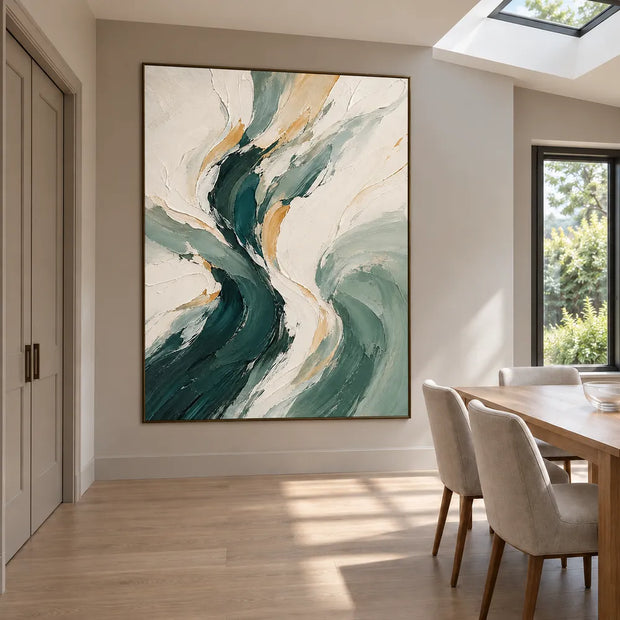 Cream & Green Hand-Painted Oil Painting, Flowing Abstract Wall Art #VZCLUGPT