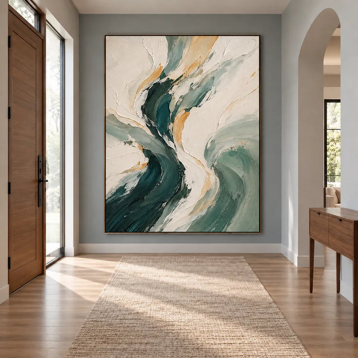 Cream & Green Hand-Painted Oil Painting, Flowing Abstract Wall Art #VZCLUGPT