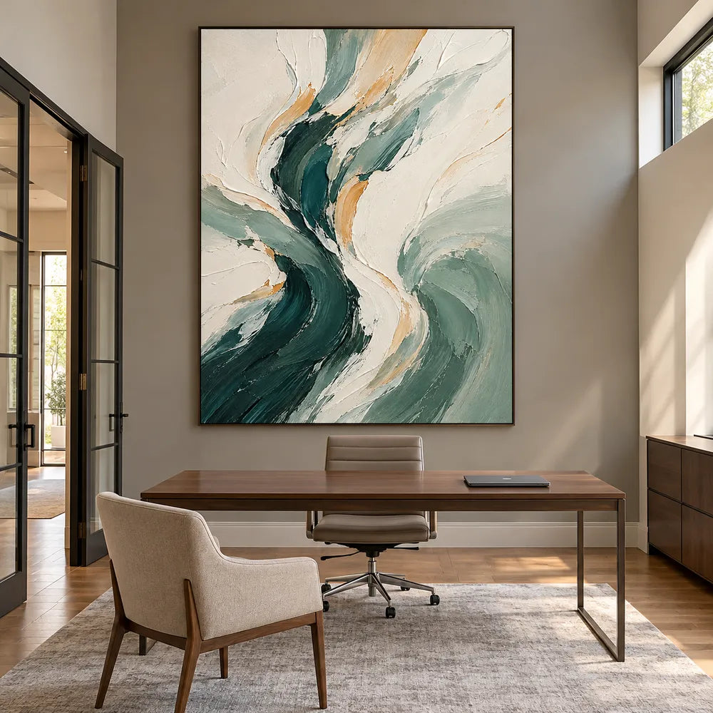 Cream & Green Hand-Painted Oil Painting, Flowing Abstract Wall Art #VZCLUGPT