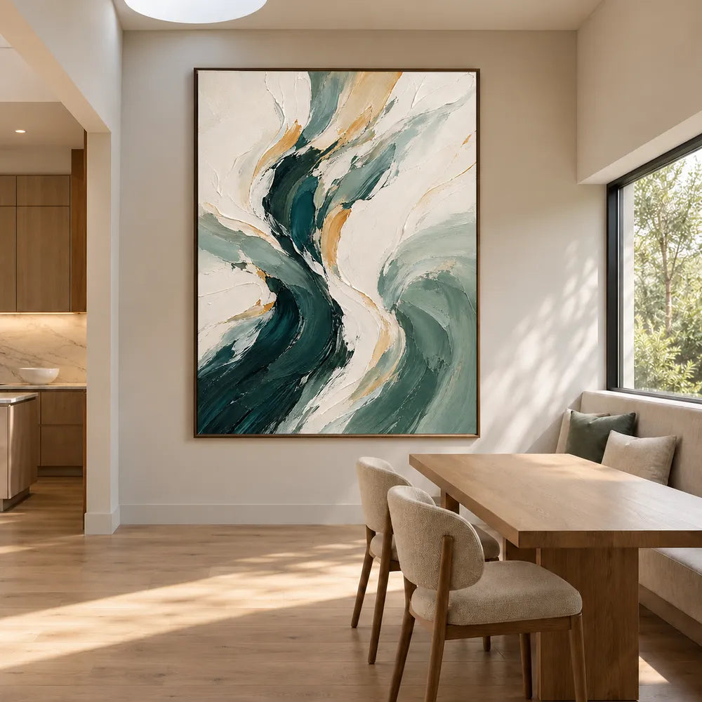 Cream & Green Hand-Painted Oil Painting, Flowing Abstract Wall Art #VZCLUGPT