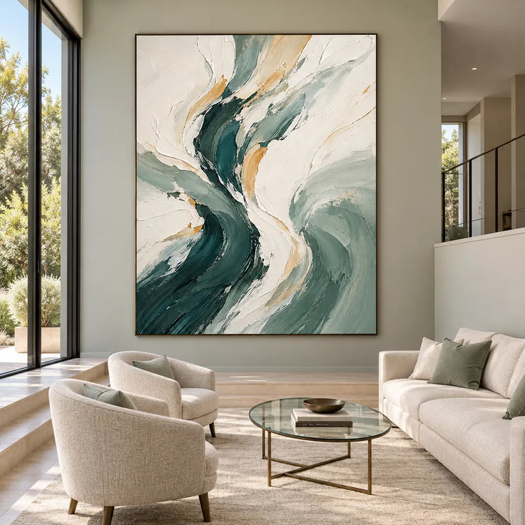 Cream & Green Hand-Painted Oil Painting, Flowing Abstract Wall Art #VZCLUGPT