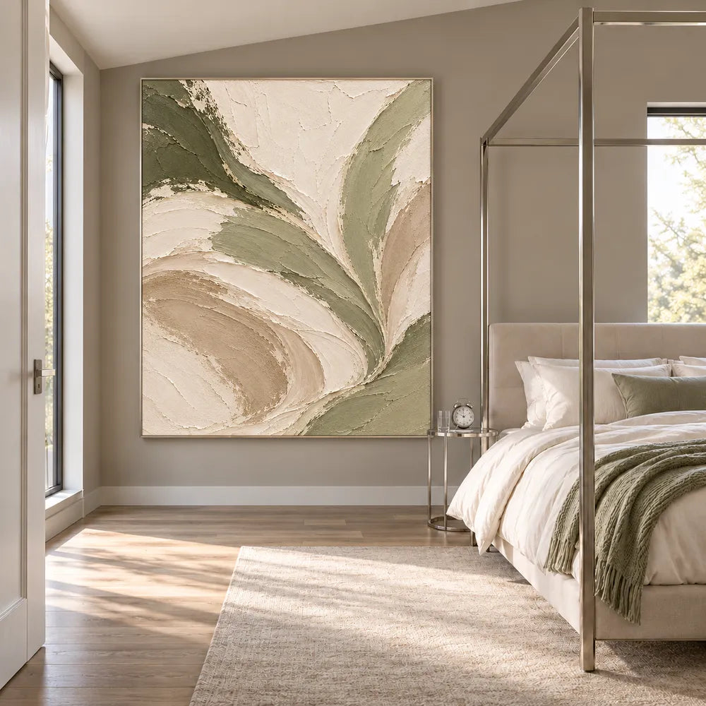 Cream Hand-Painted Abstract Painting, Sweeping Sage Ribbons #PZLLGLST