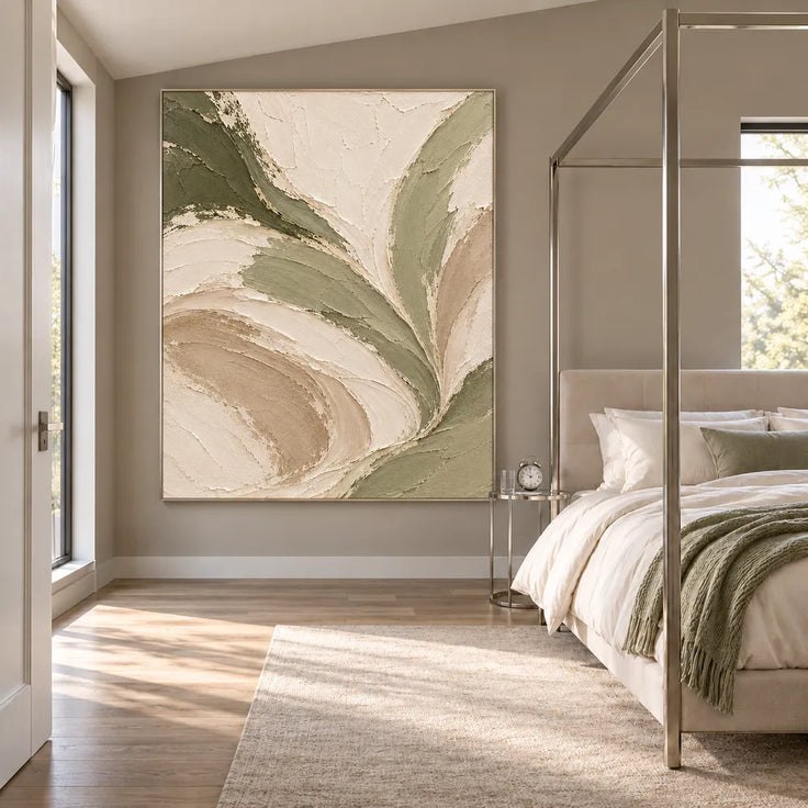 Cream Hand-Painted Abstract Painting, Sweeping Sage Ribbons #PZLLGLST
