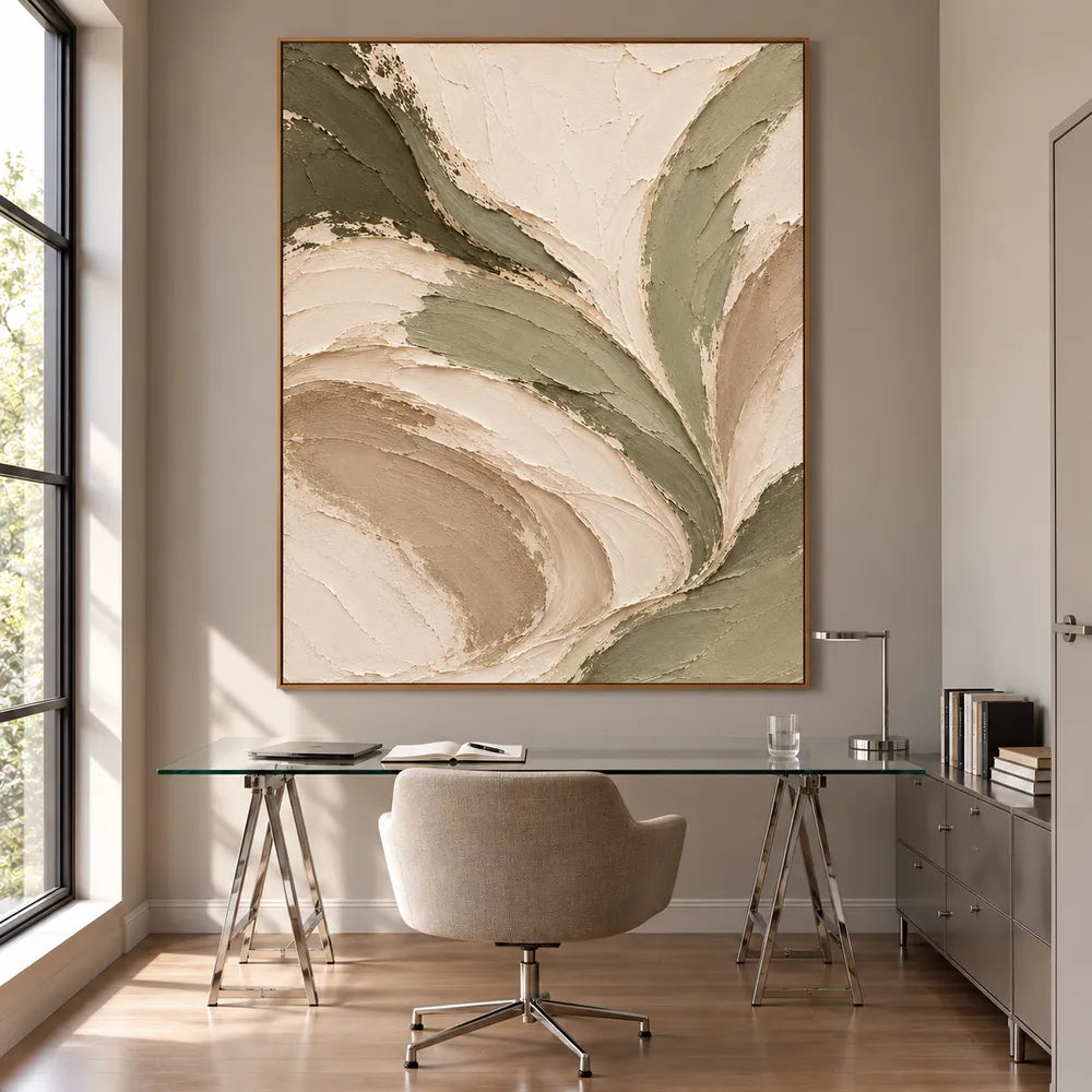 Cream Hand-Painted Abstract Painting, Sweeping Sage Ribbons #PZLLGLST