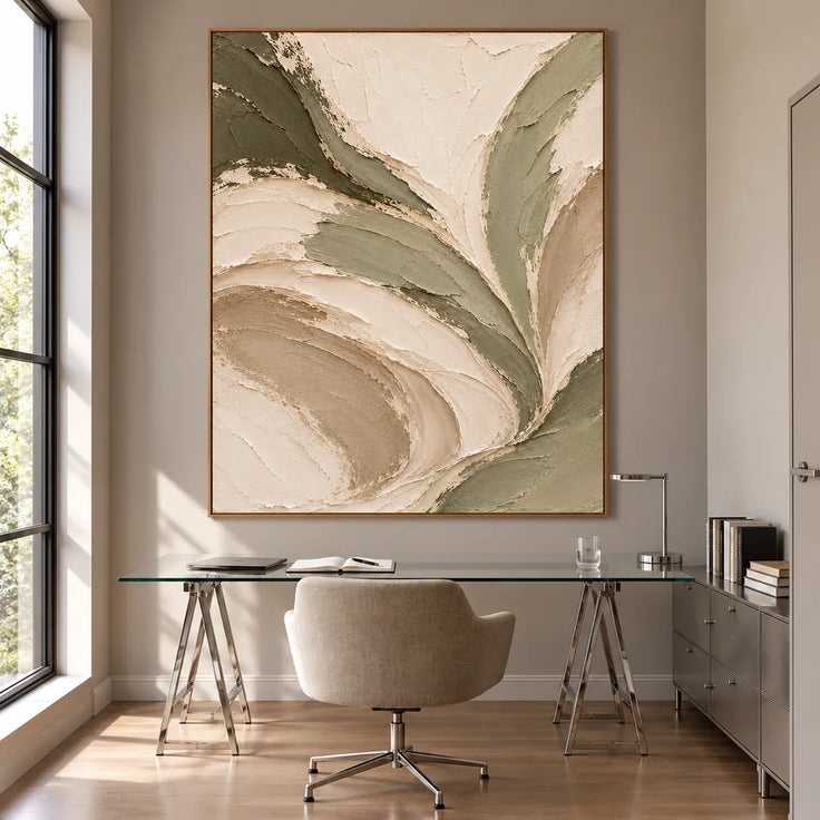 Cream Hand-Painted Abstract Painting, Sweeping Sage Ribbons #PZLLGLST