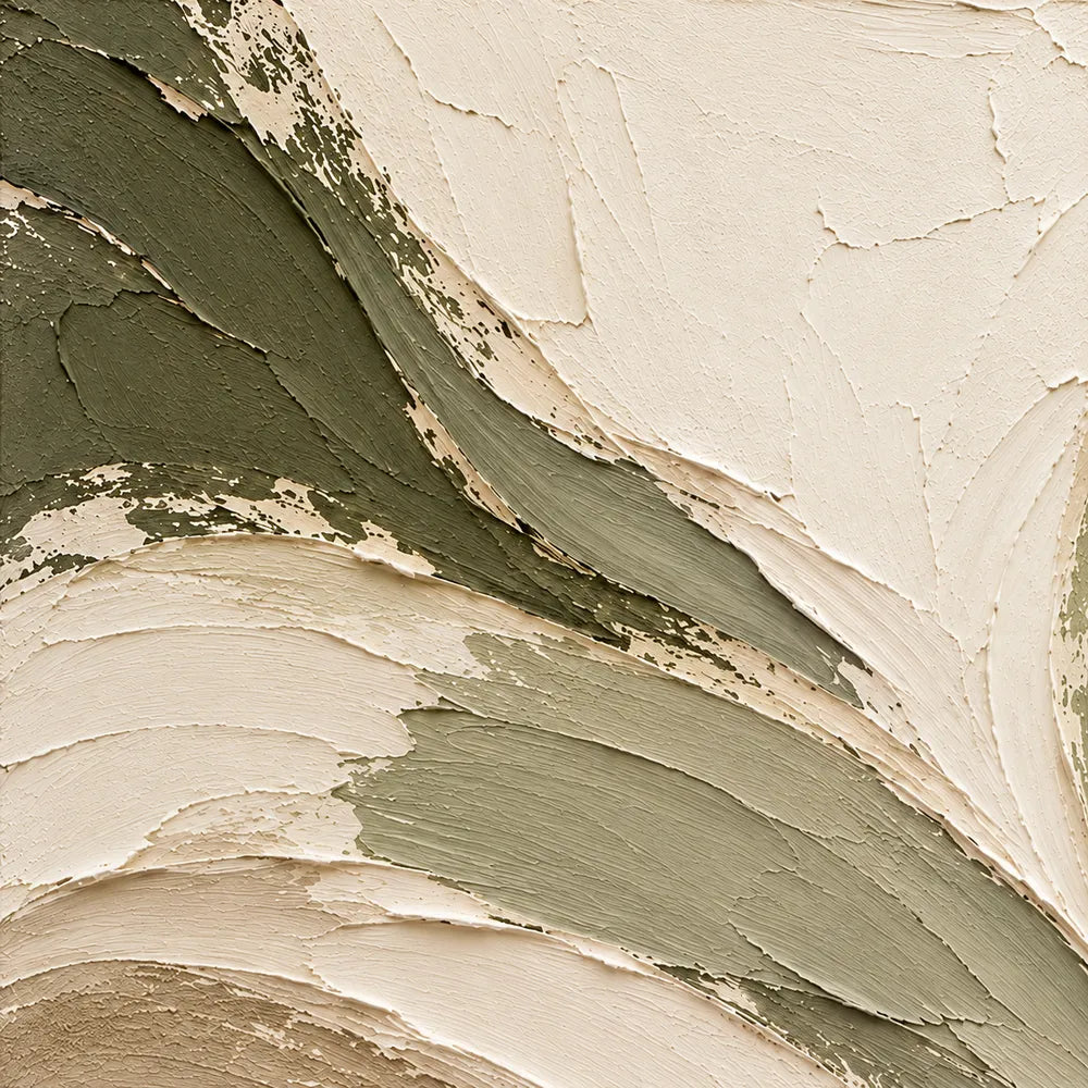 Cream Hand-Painted Abstract Painting, Sweeping Sage Ribbons #PZLLGLST