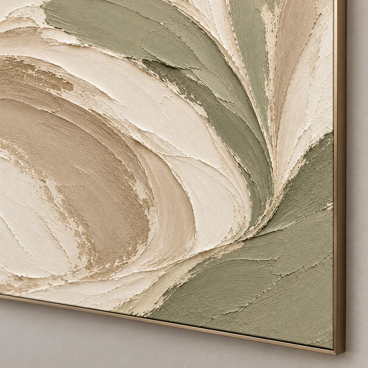 Cream Hand-Painted Abstract Painting, Sweeping Sage Ribbons #PZLLGLST