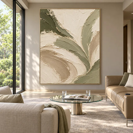 Cream Hand-Painted Abstract Painting, Sweeping Sage Ribbons #PZLLGLST
