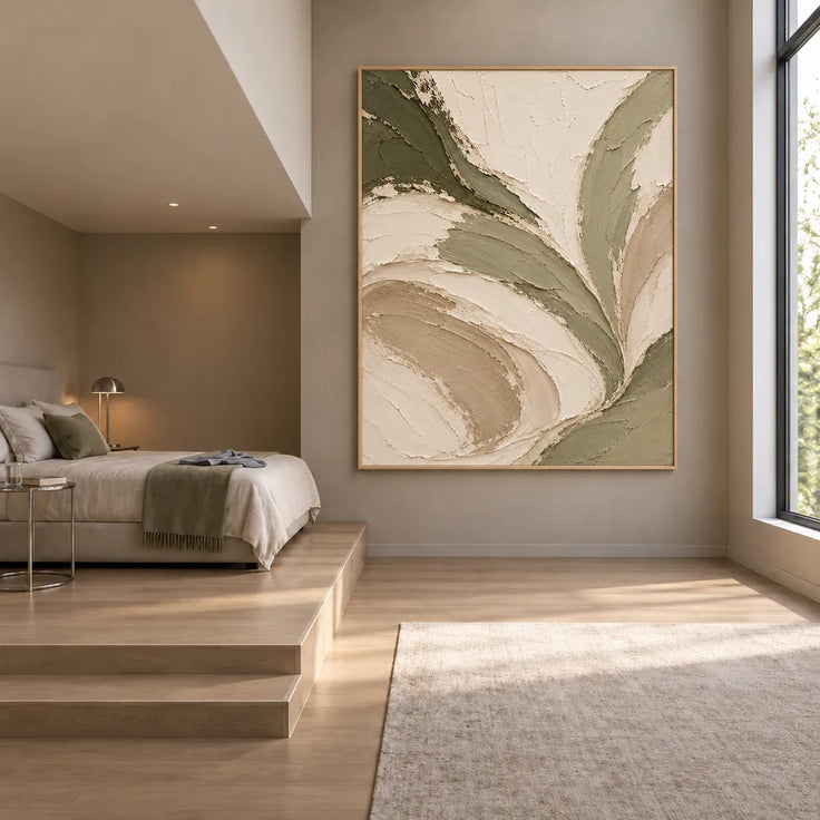 Cream Hand-Painted Abstract Painting, Sweeping Sage Ribbons #PZLLGLST