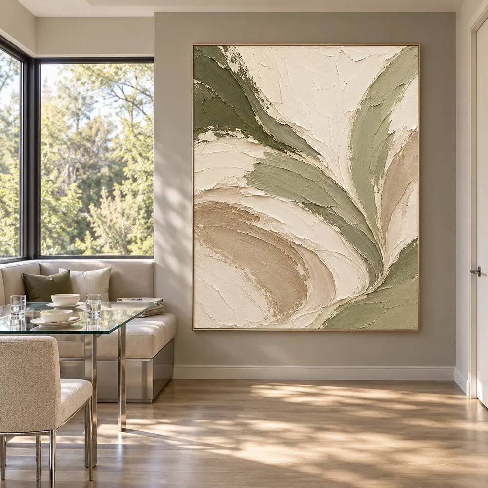 Cream Hand-Painted Abstract Painting, Sweeping Sage Ribbons #PZLLGLST