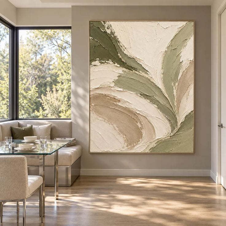 Cream Hand-Painted Abstract Painting, Sweeping Sage Ribbons #PZLLGLST
