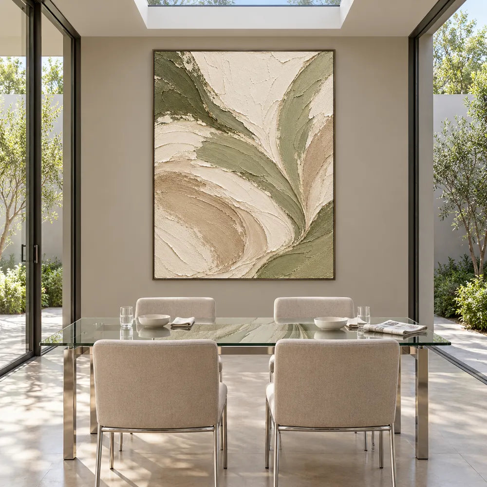Cream Hand-Painted Abstract Painting, Sweeping Sage Ribbons #PZLLGLST