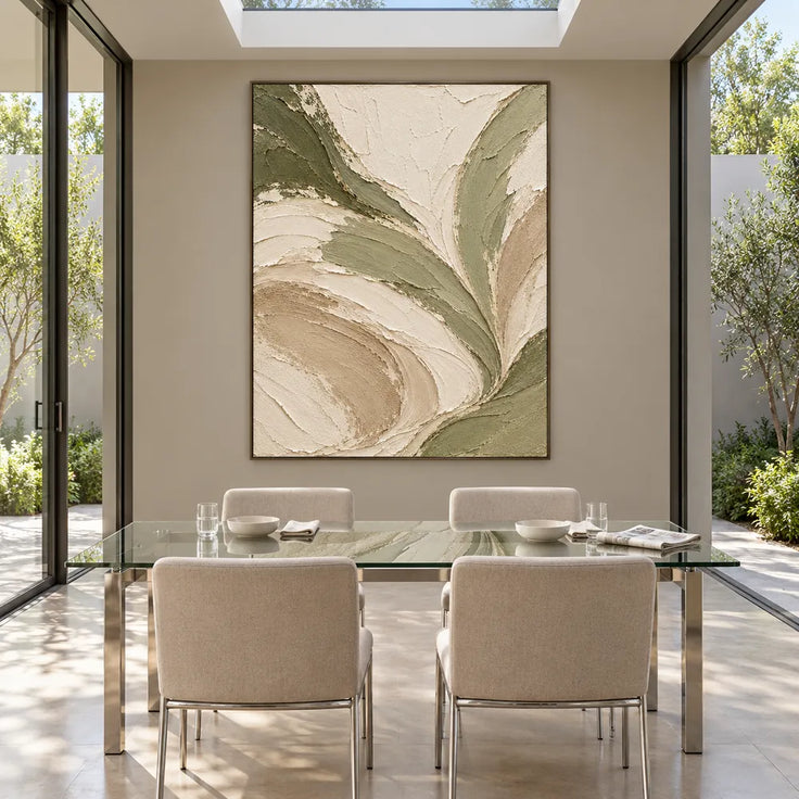 Cream Hand-Painted Abstract Painting, Sweeping Sage Ribbons #PZLLGLST