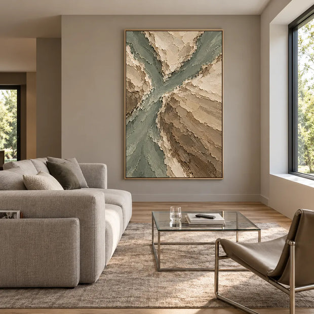 Beige Hand-Painted Abstract Landscape, Branching Sage Channels #94ILAMFT