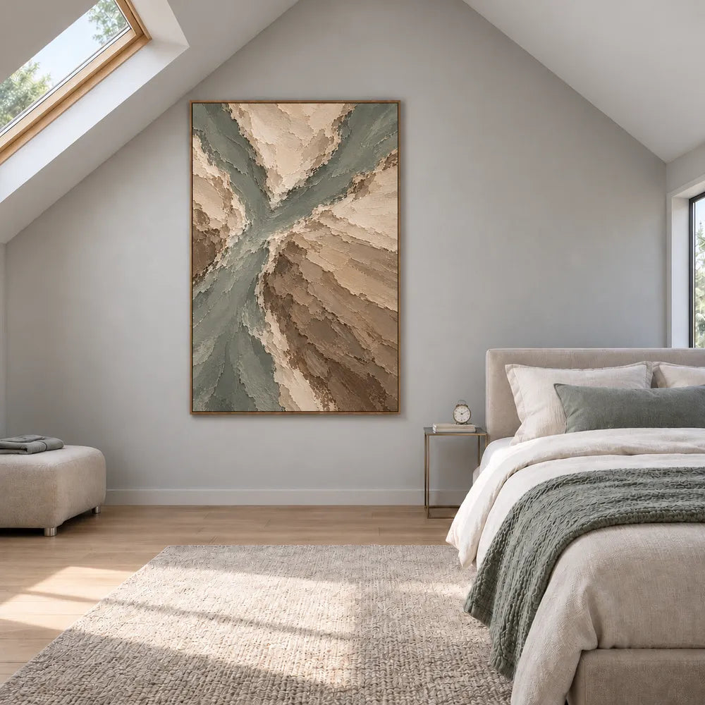Beige Hand-Painted Abstract Landscape, Branching Sage Channels #94ILAMFT