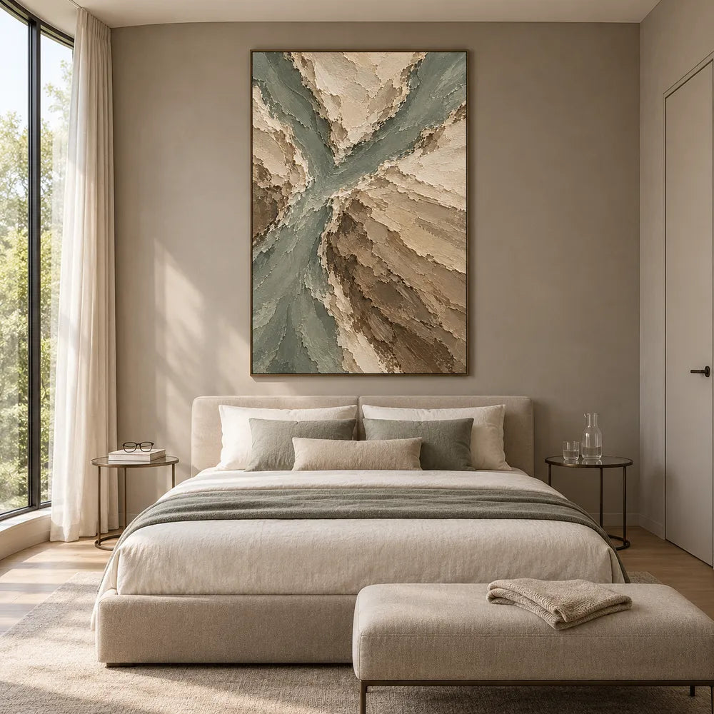 Beige Hand-Painted Abstract Landscape, Branching Sage Channels #94ILAMFT