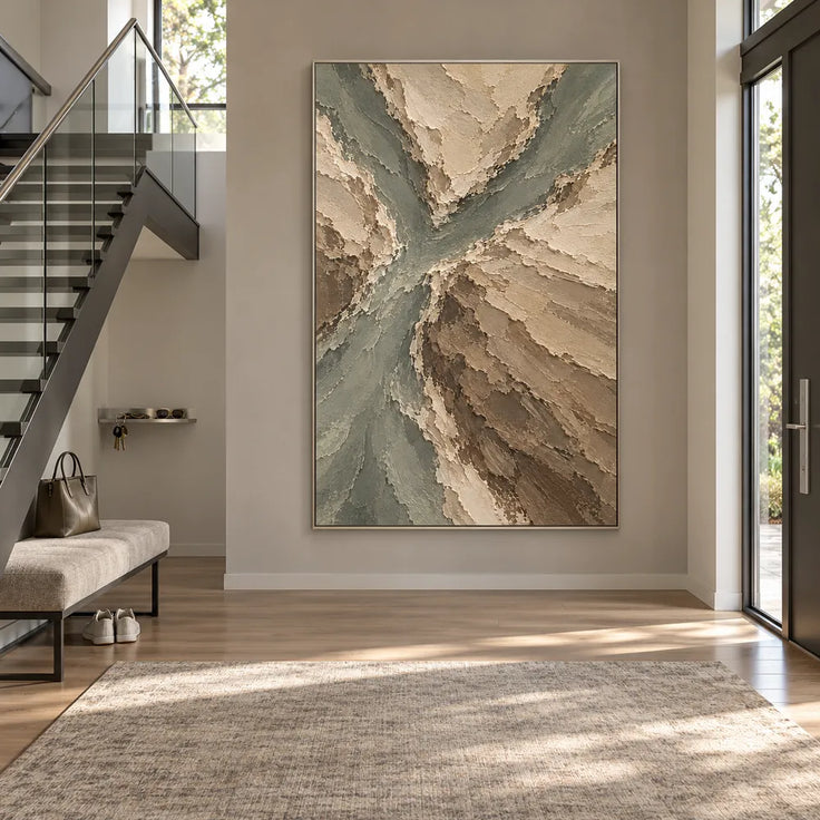 Beige Hand-Painted Abstract Landscape, Branching Sage Channels #94ILAMFT
