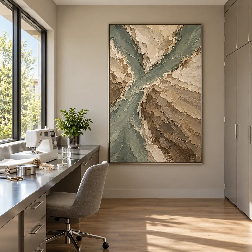 Beige Hand-Painted Abstract Landscape, Branching Sage Channels #94ILAMFT