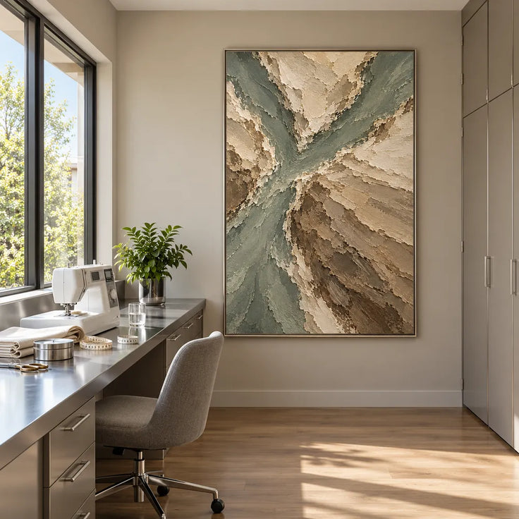Beige Hand-Painted Abstract Landscape, Branching Sage Channels #94ILAMFT