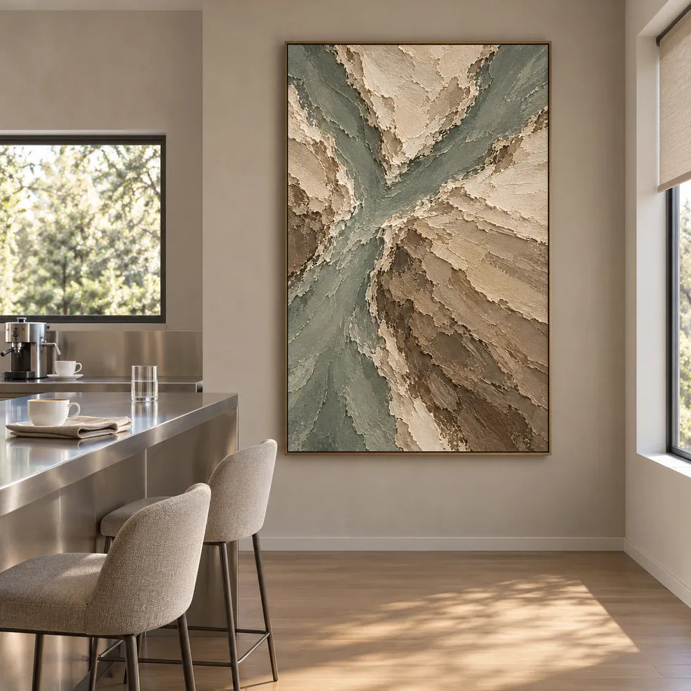 Beige Hand-Painted Abstract Landscape, Branching Sage Channels #94ILAMFT