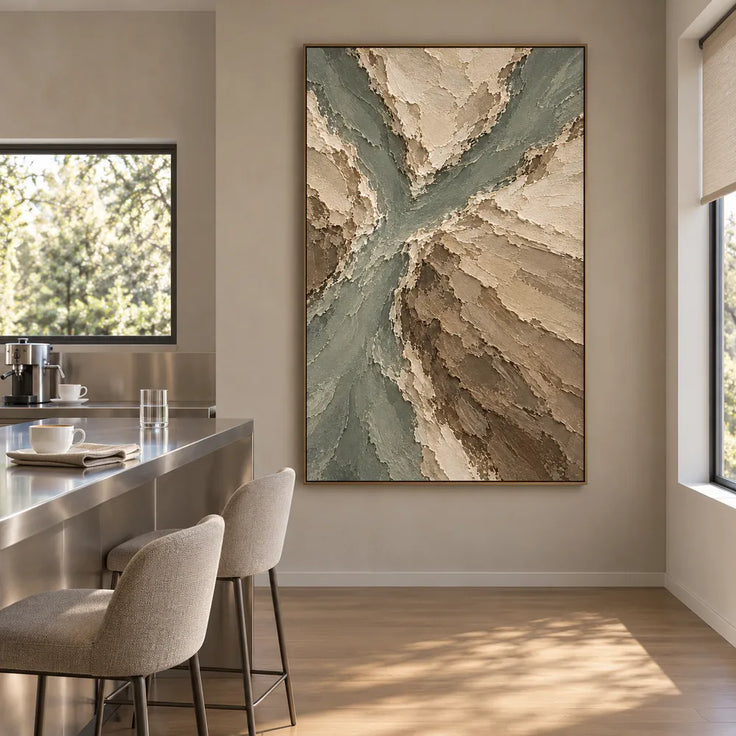Beige Hand-Painted Abstract Landscape, Branching Sage Channels #94ILAMFT
