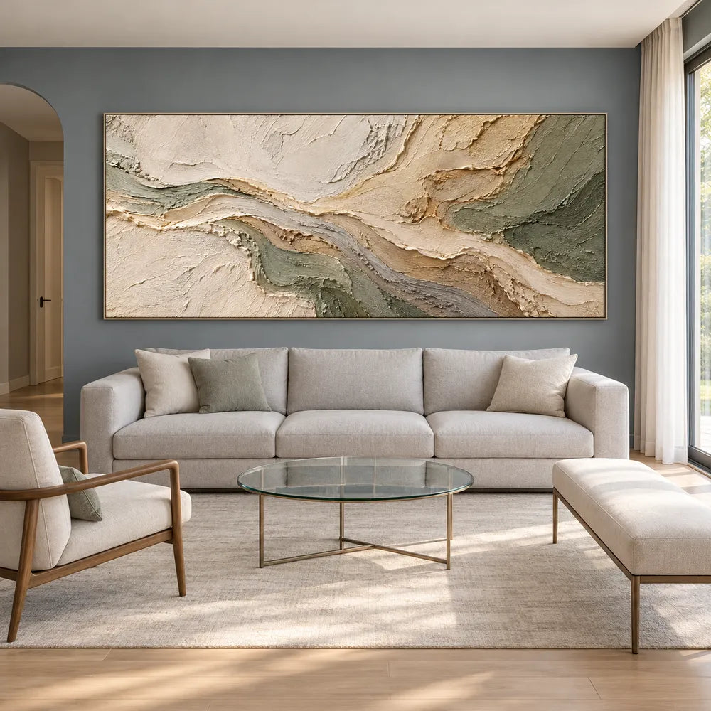Beige & Sage Hand-Painted 3D Textured Oil Painting, Flowing Abstract Wall Art #EK9DQ1GU