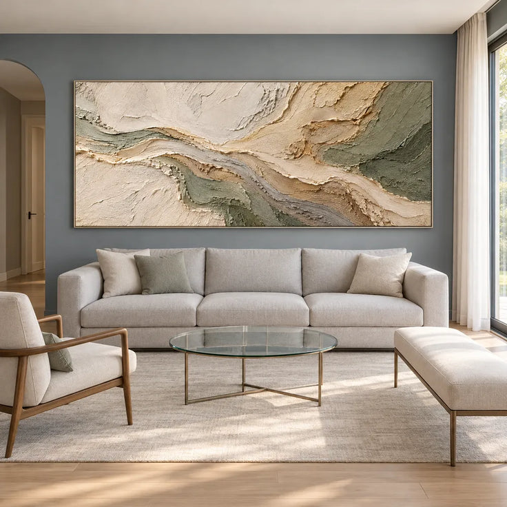 Beige & Sage Hand-Painted 3D Textured Oil Painting, Flowing Abstract Wall Art #EK9DQ1GU