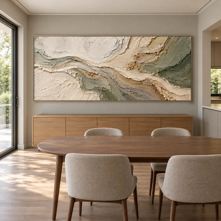 Beige & Sage Hand-Painted 3D Textured Oil Painting, Flowing Abstract Wall Art #EK9DQ1GU