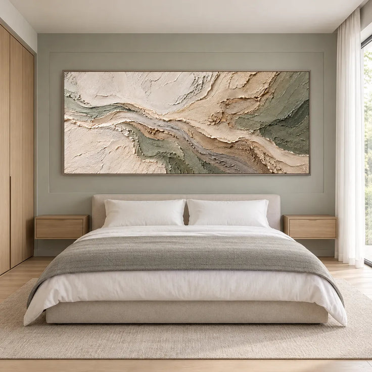Beige & Sage Hand-Painted 3D Textured Oil Painting, Flowing Abstract Wall Art #EK9DQ1GU