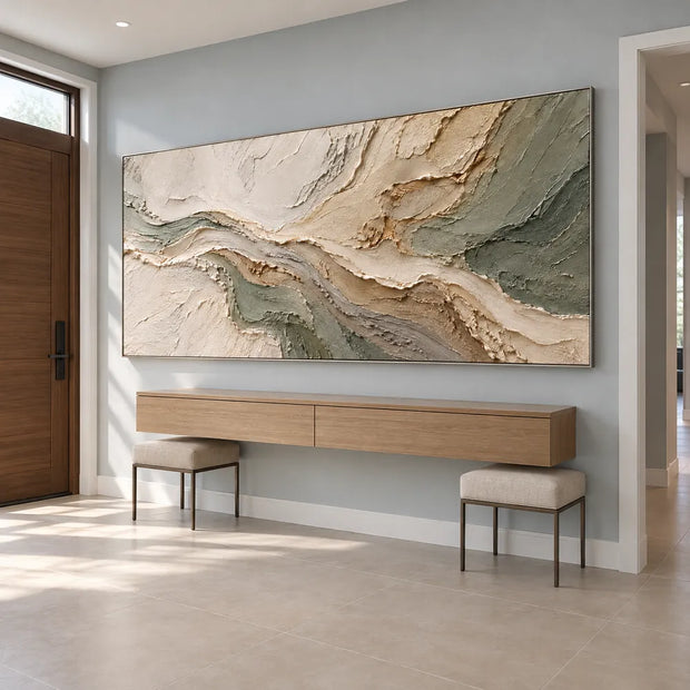 Beige & Sage Hand-Painted 3D Textured Oil Painting, Flowing Abstract Wall Art #EK9DQ1GU