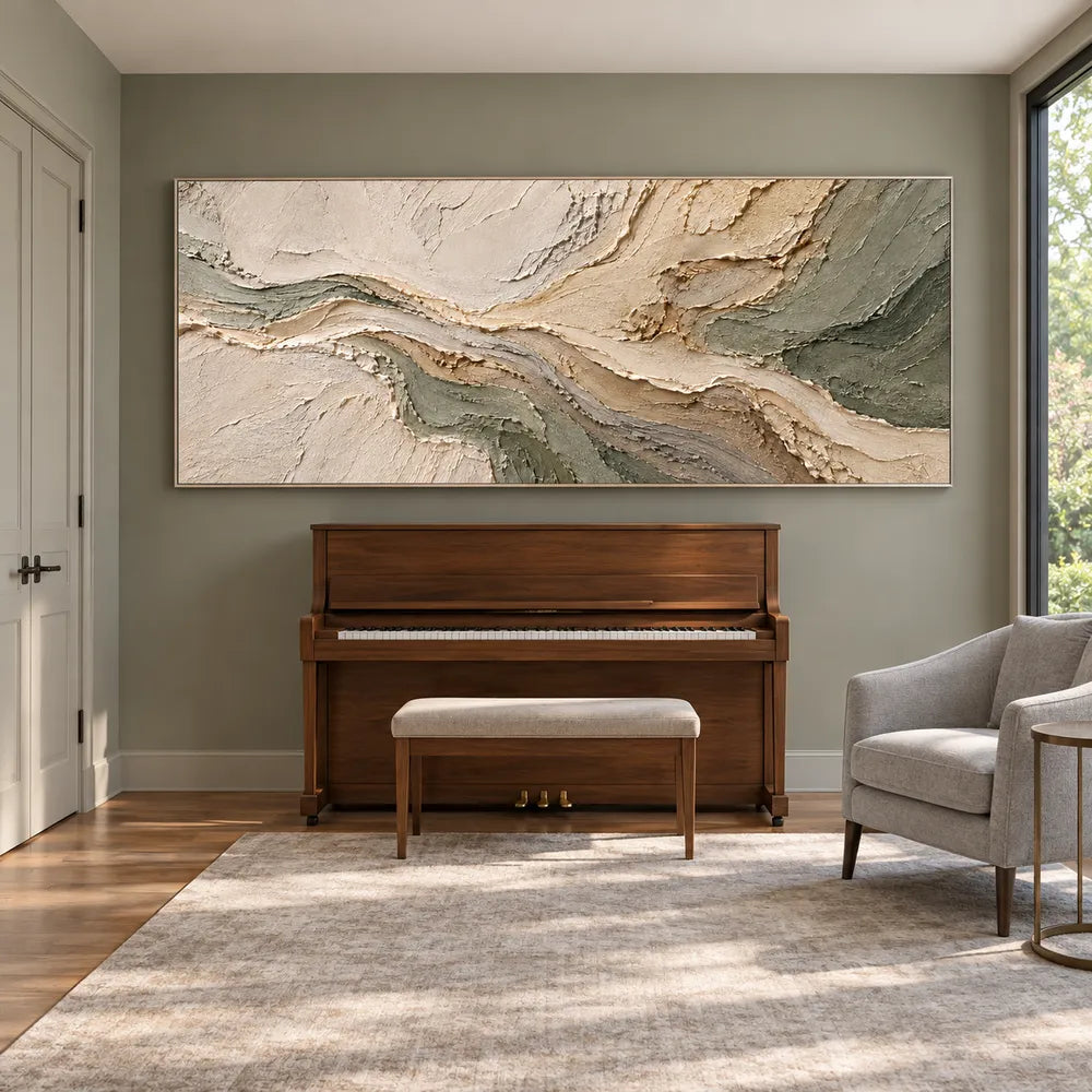 Beige & Sage Hand-Painted 3D Textured Oil Painting, Flowing Abstract Wall Art #EK9DQ1GU