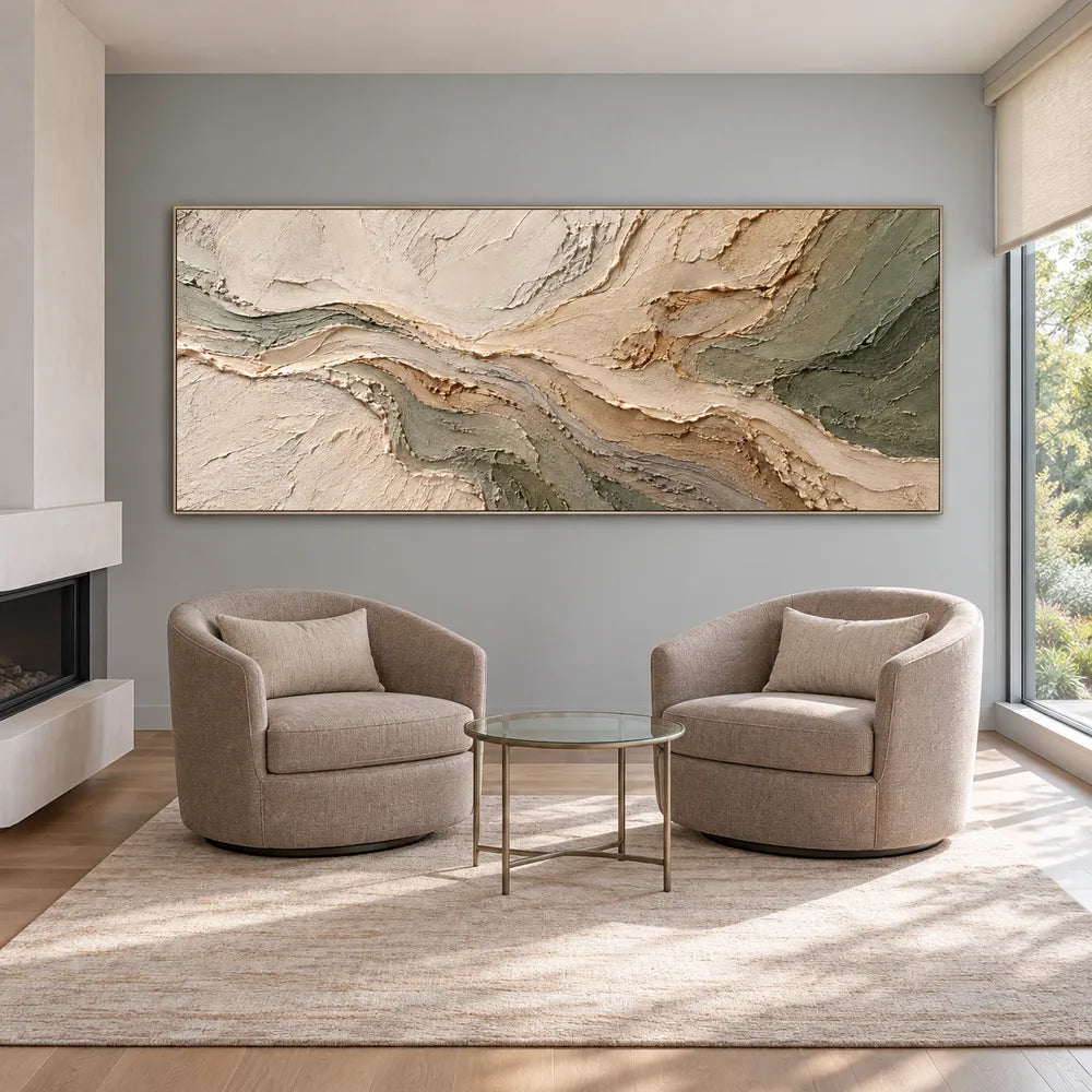 Beige & Sage Hand-Painted 3D Textured Oil Painting, Flowing Abstract Wall Art #EK9DQ1GU